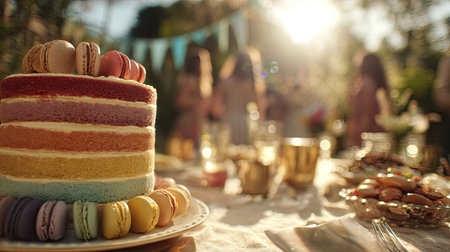A vibrant rainbow cake with macarons is the focal point, set on a decorated table. The image displays warm colors and soft sunlight. Blurred figures and festive decorations suggest an outdoor celebration. It can be used for promotional and editorial purposes related to food and events.の素材