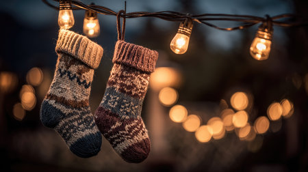 Two knitted stockings hang against a backdrop of soft bokeh lights. The stockings feature patterned designs with neutral tones and textured details. Overhead string lights provide warm illumination, suggesting an inviting indoor or outdoor ambiance. Suitable for holiday themes, seasonal projects, and decorative design purposes.の素材