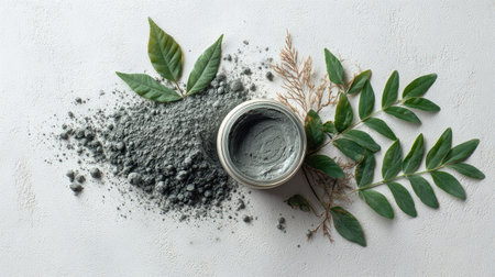 A top-down view showcases a cosmetic clay jar surrounded by fresh green leaves, dry plants, and a pile of gray powder against a white background. The composition features soft lighting, highlighting the textures and colors of the natural elements. Suitable for beauty, wellness, and health-related commercial or editorial content.の素材