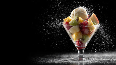 A vibrant fruit salad featuring a scoop of ice cream is presented in a clear glass. The composition showcases assorted colorful fruits, enhanced by artificial light. A dark backdrop highlights the dessert's textures and presentation, suitable for various culinary and advertising applications.の素材