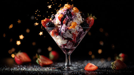 A close-up view presents a beautifully arranged dessert in a stemmed glass. The composition showcases layers of cream, berries, and toppings against a dark background. The scene features bright colors and textural contrasts. It suggests potential use for food-related projects, advertisements, and editorial content within the culinary and lifestyle realms.の素材