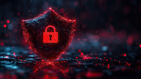 A digital shield with a lock symbol dominates the frame, rendered in glowing red against a dark, blurred background. The image showcases digital particles and light effects, creating a futuristic aesthetic. This image is suitable for various commercial uses related to technology, security, and data protection.の素材