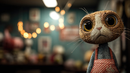 A cartoon cat character is featured, wearing an apron, and gazing directly at the viewer. The image showcases soft textures, warm tones, and shallow depth of field. The background suggests an indoor setting with decorative lights. This illustration is suitable for various commercial purposes, including advertising and editorial content.の素材
