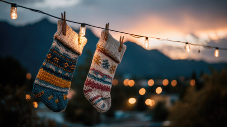 Two knitted stockings are suspended from a string illuminated by small lights. The scene is set outdoors with a mountain range silhouetted in the background, a soft, warm glow emanating from the lights and a blurred cityscape. This image can be suitable for festive greeting cards, website backgrounds, or print advertising materials.の素材