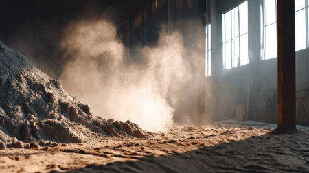 An interior shot features a large pile of dust with light pouring through windows. The scene shows textured surfaces with sunlight creating shadows. It evokes a feeling of emptiness. Potential uses include illustrations of environment, textures, and concepts like decay. This image is suitable for various commercial purposes.の素材