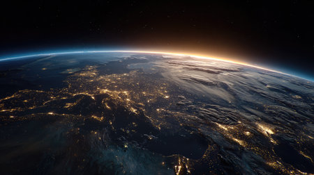 An aerial view showcases planet Earth at night, with illuminated city lights visible. The image features a dark expanse of space and a bright atmospheric glow. This high-angle shot presents a detailed perspective, suitable for various commercial and editorial applications, emphasizing global interconnectedness.の素材