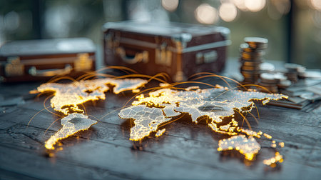 An illuminated world map sits on a table alongside stacks of coins and luggage, suggesting concepts of global finance and travel. The image uses warm tones with blurred backgrounds to emphasize the central elements. It's suitable for illustrating themes of investment, international business, and economic growth in various commercial applications.の素材