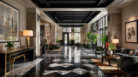 This image showcases an upscale hotel lobby featuring stylish seating arrangements, decorative lamps, and framed artwork. The interior displays a striking patterned floor, enhanced by natural light streaming through large windows. Suitable for commercial projects or editorial use, the setting exudes a sense of sophistication and comfort.の素材