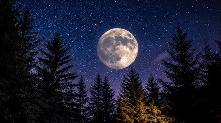 A radiant full moon dominates a star-speckled night sky, viewed through the silhouetted forms of tall evergreen trees. The scene showcases a contrast of light and shadow, with the moon's luminosity highlighting the texture of its surface. Suitable for use in a variety of visual projects, offering a sense of wonder.の素材