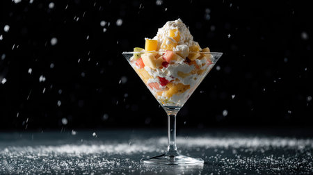 A martini glass filled with a layered dessert stands against a black background. The dessert consists of colorful fruit and whipped cream. The image uses overhead lighting creating a visually appealing composition. This image is suitable for culinary, food, and beverage related marketing or editorial applications.の素材