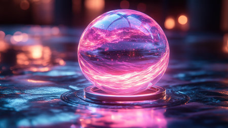 A luminous crystal ball sits on a reflective surface, its interior filled with swirling pink and purple colors. The composition features soft lighting and a blurred background suggesting an indoor setting. This image could be used for various commercial projects related to fantasy, spirituality, or artistic concepts.の素材