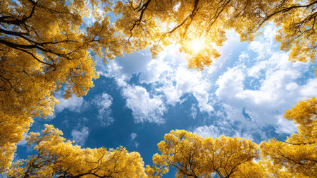 An upward perspective captures yellow-leaved trees framing a brilliant blue sky. Sunlight streams through the branches creating a warm glow. The composition showcases an overhead view, highlighting the texture and color of the leaves. This image is suitable for various commercial uses, illustrating natural beauty and seasonal themes.の素材