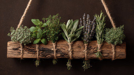 A collection of assorted fresh herbs are arranged and displayed on a rustic wooden board. The arrangement is suspended by rope, set against a dark backdrop. The composition features a variety of green and purple hues. This image is suitable for various commercial uses, including culinary and lifestyle themes.の素材
