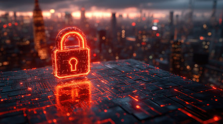 A digital padlock glows with vibrant red light, set against a blurred city skyline backdrop. The scene suggests a futuristic environment, possibly at dusk. Composition focuses on technological themes and cybersecurity. Suitable for various projects related to data security, online privacy, and digital infrastructure.の素材