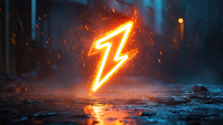 An illuminated lightning bolt icon stands on a textured surface, possibly indoors. The vibrant orange form is surrounded by a fiery glow, creating a dramatic visual effect. The composition utilizes low-level lighting and a blurred background. Suitable for digital design or artistic conceptual illustration.の素材