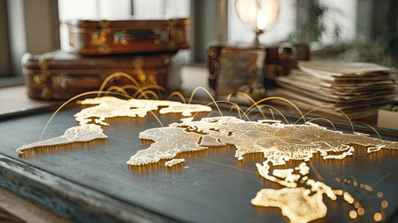 A golden world map sits prominently on a dark wooden surface, with delicate lines connecting various points. Warm lighting illuminates the map, suggesting an indoor setting. Old luggage and books provide a vintage ambiance. The image would suit various commercial and illustrative purposes.の素材