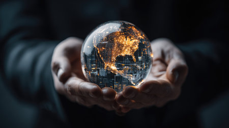 Two hands cradle a glowing globe, highlighting continents with bright lights. The image showcases a dark background, creating a contrast to the illuminated core of the sphere. This visual suggests global connection, technology, or future concepts. Suitable for uses related to international business, technology, or informational content.の素材