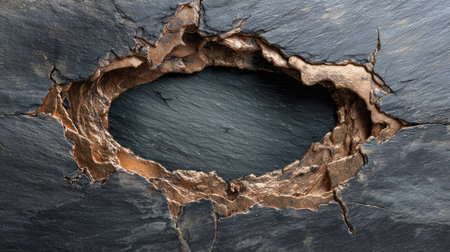 An image showcases a hole torn through a dark, textured surface, revealing a contrasting backdrop. The hole's edges display a rough, torn appearance with varying shades of brown. The composition features sharp lighting and a neutral, abstract visual style, potentially useful for conceptual or design purposes.の素材