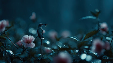 A small hummingbird is perched on a delicate stem, surrounded by soft pink blossoms. The image presents a moody, artistic quality with a dominant blue hue. The scene suggests a natural, outdoor environment, possibly at dusk or in low light. The image could be suitable for various commercial and editorial applications.の素材