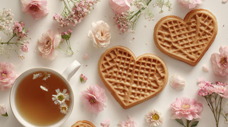 An overhead shot reveals heart-shaped waffles, a cup of tea, and delicate flowers. The scene features soft pink and beige hues, creating a warm, inviting atmosphere. The composition utilizes natural lighting, emphasizing the textures of the food and blooms. Suitable for culinary, lifestyle, or decorative projects.の素材