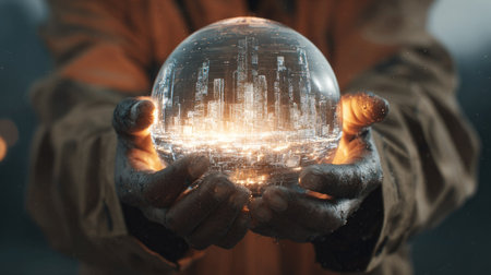 A pair of hands cradles a glowing glass sphere containing a miniature cityscape. The image showcases a warm color palette with strong lighting illuminating the central object. This conceptual art piece could be utilized in commercial contexts for themes such as technology, future, or environment.の素材