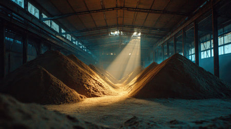 A vast industrial interior showcases large mounds of granular material. The scene is bathed in a warm, ethereal light that streams dramatically from above. The composition emphasizes textures and shadows, creating a visual contrast. Suitable for editorial and commercial use, this image could represent concepts of industry or material storage.の素材
