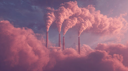 Four industrial chimneys release thick, pink-toned smoke into a heavily clouded sky. The composition emphasizes the billowing textures and shapes of the smoke, creating a dramatic visual impact. The overall ambiance suggests an outdoor environment with soft lighting, and it is suitable for use in various commercial and editorial contexts related to pollution.の素材