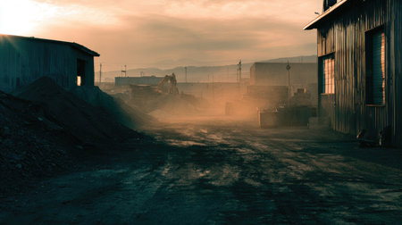 An industrial landscape features aged structures and a road with dust illuminated by warm daylight. The composition utilizes a long shot. This image might be suited for visual storytelling, documentaries, or illustrative purposes. The environment appears outdoors, possibly during a sunset or sunrise, with diffuse sunlight.の素材