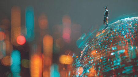 A man stands atop a glowing globe, gazing out at a blurred cityscape. The composition features vibrant orange, teal, and blue hues. The image has a soft focus with a conceptual style and is likely set outdoors at night. This image may be suitable for illustrating themes of technology, globalization, or data.の素材
