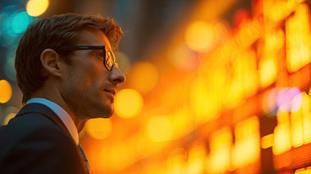 A man in eyeglasses is seen in profile, looking towards a blurred, luminous display of yellow and orange lights. The image features a shallow depth of field, creating a bokeh effect. This photograph could be used for various commercial projects and editorial illustrations, depicting observation and contemplation.の素材