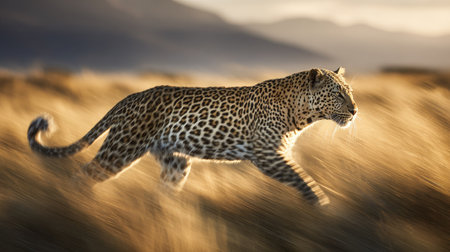 A leopard strides across an open landscape, captured during the golden hour with soft sunlight. The image showcases the animal's spotted coat and muscular form. The shallow depth of field creates a blurred foreground, enhancing the focus on the leopard. Suitable for editorial use, nature documentaries, or wildlife advertising.の素材