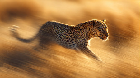 A leopard in full motion dominates the frame, showcasing its spotted coat against a blurred, golden environment. The animal appears to be running swiftly across an open landscape. The image uses a shallow depth of field, with soft focus on the background. Suitable for wildlife publications and commercial projects.の素材