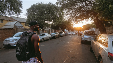 A man with a backpack walks down a street with parked cars and trees. The scene is bathed in warm sunlight, creating long shadows. The composition features a shallow depth of field, with the focus on the man. Suitable for various editorial and commercial applications.の素材