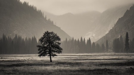 A solitary tree stands prominently in the foreground against a backdrop of rolling mountains. The monochromatic image showcases a soft color palette with a foggy atmosphere. The composition utilizes natural lighting and emphasizes the textures. This image can be used for various purposes like editorial content and artistic projects.の素材