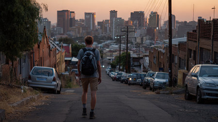 A man is seen walking down a road, with a backpack on his back, towards a distant cityscape. The image features a warm color palette with the sky appearing orange during sunset. The composition offers a perspective view. This image is suitable for use in various editorial and commercial projects.の素材