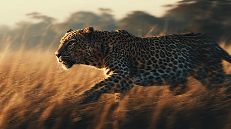 A leopard runs through tall, golden-hued grass, captured in a dynamic shot. The image showcases the animal's spotted fur against the blurred backdrop of a savanna landscape. Soft sunlight creates a warm atmosphere, suggesting a daytime scene. Suitable for projects requiring imagery of wildlife and nature.の素材