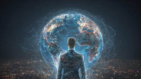 A man stands facing a luminous digital sphere representing the globe. The image displays a dark background with interconnected lines. The scene suggests a blend of technology and observation, potentially illustrating concepts of connectivity, global awareness, and the future. Suitable for commercial and editorial applications.の素材