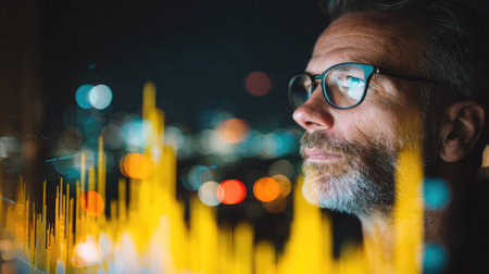 A man wearing glasses is depicted in a close-up, gazing at a vibrant display of data visualizations. The scene is illuminated by ambient lighting, with a blurred cityscape providing a backdrop. The overall mood suggests a focus on analysis and research. This image can be used for diverse purposes, including business and technology publications.の素材