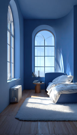 This image showcases a modern bedroom interior dominated by a monochromatic blue color scheme. Sunlight streams through arched windows, illuminating the space and highlighting the textures of the furnishings. The scene likely represents a relaxing atmosphere suitable for editorial and commercial use, such as design projects and lifestyle content.の素材