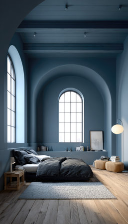 This image presents a bedroom interior with a minimalist design. The room features arched windows, with a neutral color palette of blue and brown tones. Soft lighting and textured surfaces create a serene environment. This image could be used for architectural projects or interior design publications and commercial use.の素材