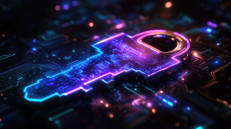 A glowing neon key is superimposed on a digital circuit board background, bathed in blue and purple hues. The futuristic design incorporates intricate lines and glowing points of light. This artwork might be suitable for illustrating themes of security, access, or data protection, and could be used in various commercial or editorial applications.の素材