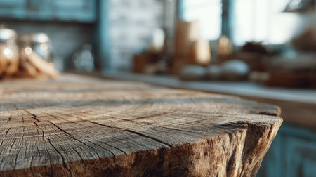 A close-up captures a textured wooden table surface with visible cracks and grain. The blurred background suggests a kitchen setting with elements like jars and light. The lighting highlights the natural wood tones, and it's suitable for various commercial uses, including product display and lifestyle imagery.の素材