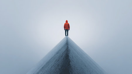 A person wearing a vibrant orange hooded jacket is centered on a geometric shape against a soft, muted background. The image showcases cool tones and a minimalist style. The composition suggests an outdoor environment, possibly on a cloudy day. Ideal for conceptual visuals and editorial content.の素材