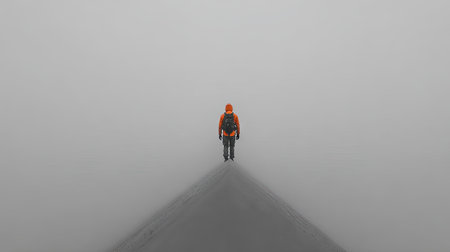 A person stands alone, viewed from the front, amidst a thick, expansive fog. The image employs muted tones with a single pop of orange from the person's attire, creating a strong sense of isolation. The composition utilizes atmospheric perspective. This image could be suitable for editorial or commercial content.の素材