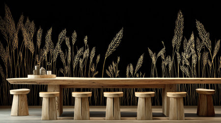 A long wooden table and matching stools are positioned in front of a dark background adorned with ornamental plants. The neutral color palette includes browns and blacks, with the composition suggesting a minimalist interior. This image is suitable for a variety of uses, including editorial and commercial projects that require visual imagery.の素材