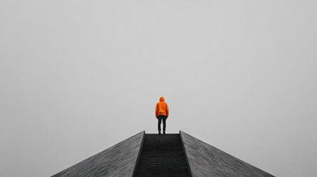 A person wearing an orange hooded jacket stands on a dark, geometric structure. The image features a monochromatic scheme with a gray sky, creating a minimalist composition. The subject is centered, emphasizing the individual against the open space, suitable for various editorial and commercial applications.の素材