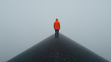 An individual wearing a bright orange jacket stands atop a dark, triangular hill. The scene is enveloped by dense fog, creating a muted color palette. The composition emphasizes isolation and the vastness of the natural environment, suitable for various editorial and commercial applications.の素材