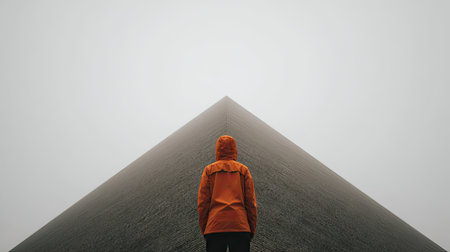 A person wearing an orange hooded jacket stands facing a large, triangular structure. The image features a monochromatic color scheme dominated by gray and orange tones, with a foggy backdrop. The composition highlights geometric shapes and a sense of isolation. This image may be suitable for editorial or conceptual content.の素材