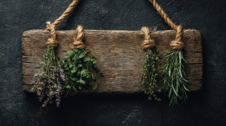 A weathered wooden sign hangs suspended, adorned with various fresh herbs tied with rope. The composition highlights textures and natural tones, contrasting the rough wood with the vibrant green and purple herbs. The overall lighting suggests a studio environment, potentially suitable for culinary or wellness related content.の素材