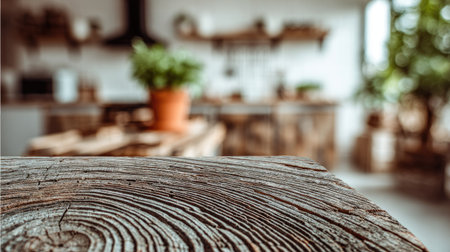 A close-up view presents a textured wooden surface, hinting at a larger kitchen setting. The background is softly blurred, revealing kitchen elements and potted plants. Natural light illuminates the scene, suggesting a daytime ambiance. Suitable for visual concepts emphasizing natural materials and interior design.の素材